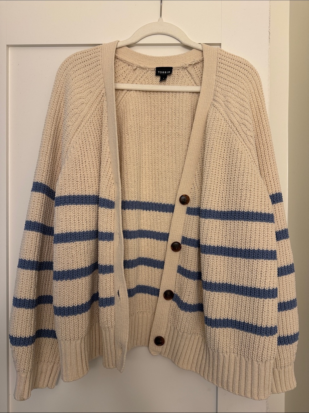 Cream & Blue Striped Button-Up Cardigan - Picture 3 of 5